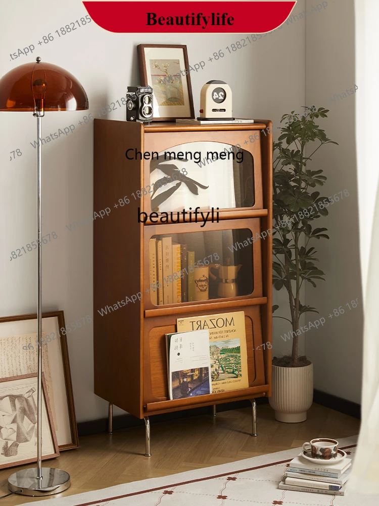 

G153 T Solid wood bookcase, living room locker, Nordic retro storage, medieval floor-to-ceiling glass display cabinet