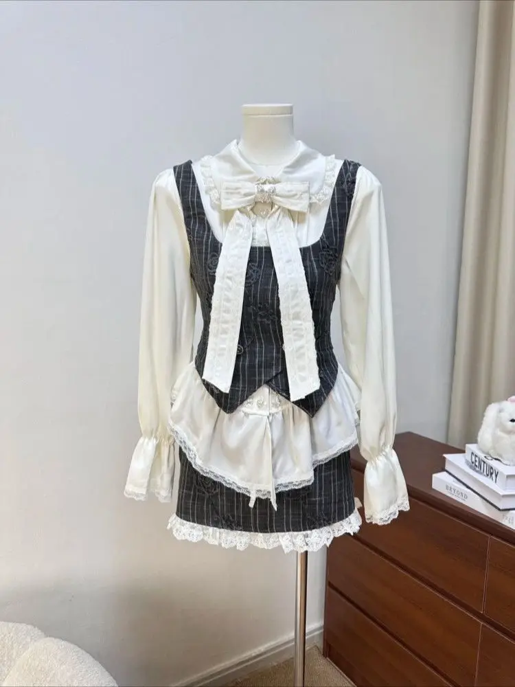 

Gothic Vintage 3 Piece Set Women Fit Chic Shirt + Striped Vest + Slim Skirt New Design French Elegant Retro Outfits Winter 2025