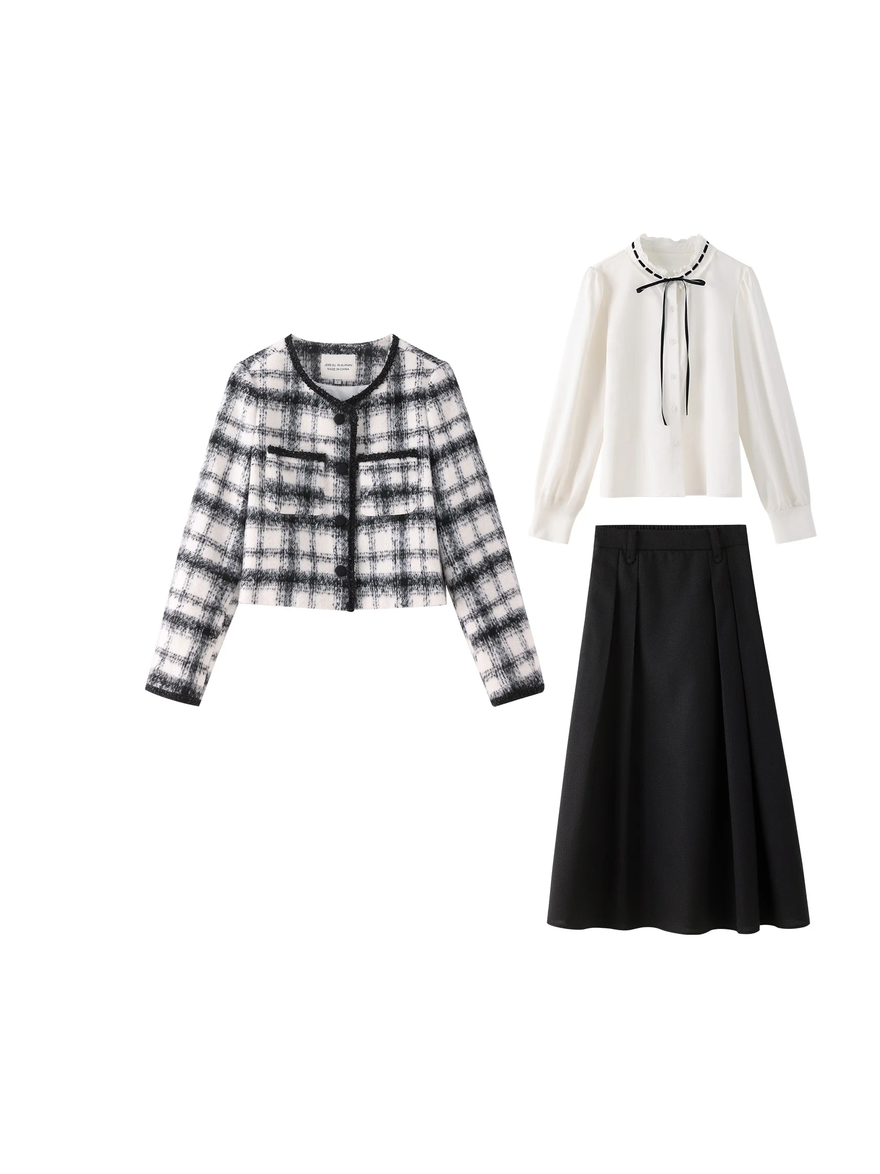 Sli-Karo-T-Shirt-Set für Damen, Herbst 2024, Long Sve Faionable Parwear, Schlankheits-Ensemble von Deer South