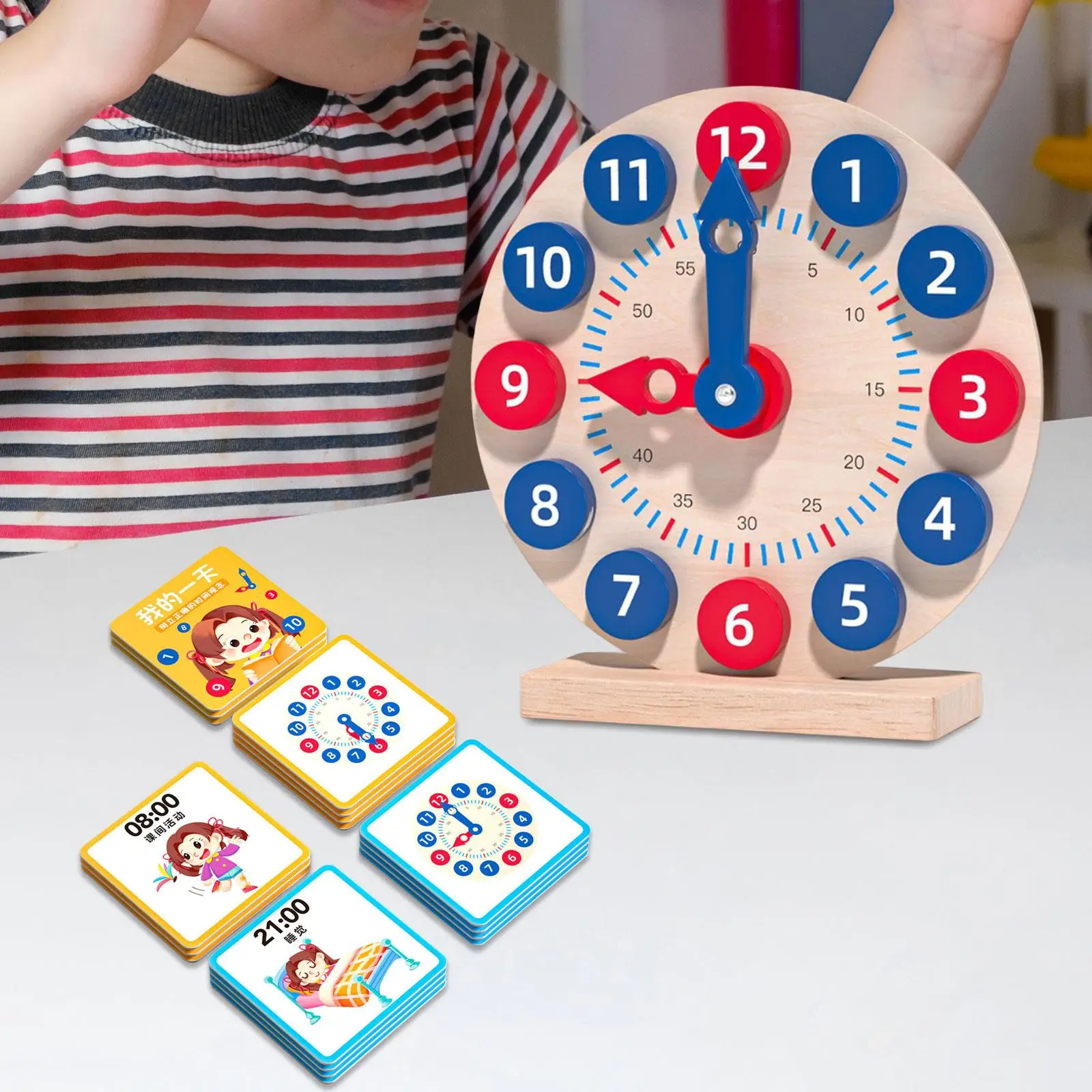 

Wooden Toy Clock Educational Toy 18 Reversible Time Cards for Gift Kids Boy