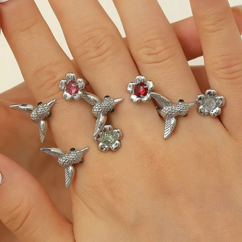 

2025 Punk Colorful Flower Bird Open Ring for Women Exquisite Vintage Zircon Joint Rings Fashion Hip Hop Versatile Jewelry Gift
