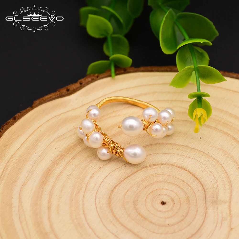 GLSEEVO Natural Fresh Water Baroque White Pearl Adjustable Rings For Women Handmade Wedding Finger Ring Luxury Jewelry  GR0190