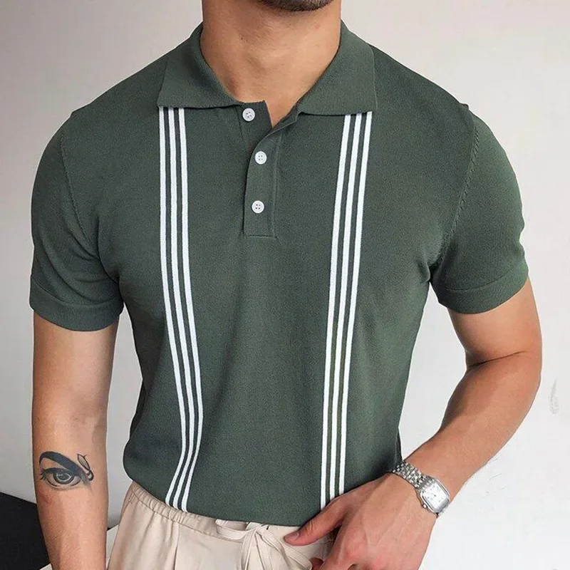LIBIELIY New Men's Summer Green Striped Fashion Short-sleeved Slim Polo Shirt Casual Knit Quality Men's Simple Business T-shirt