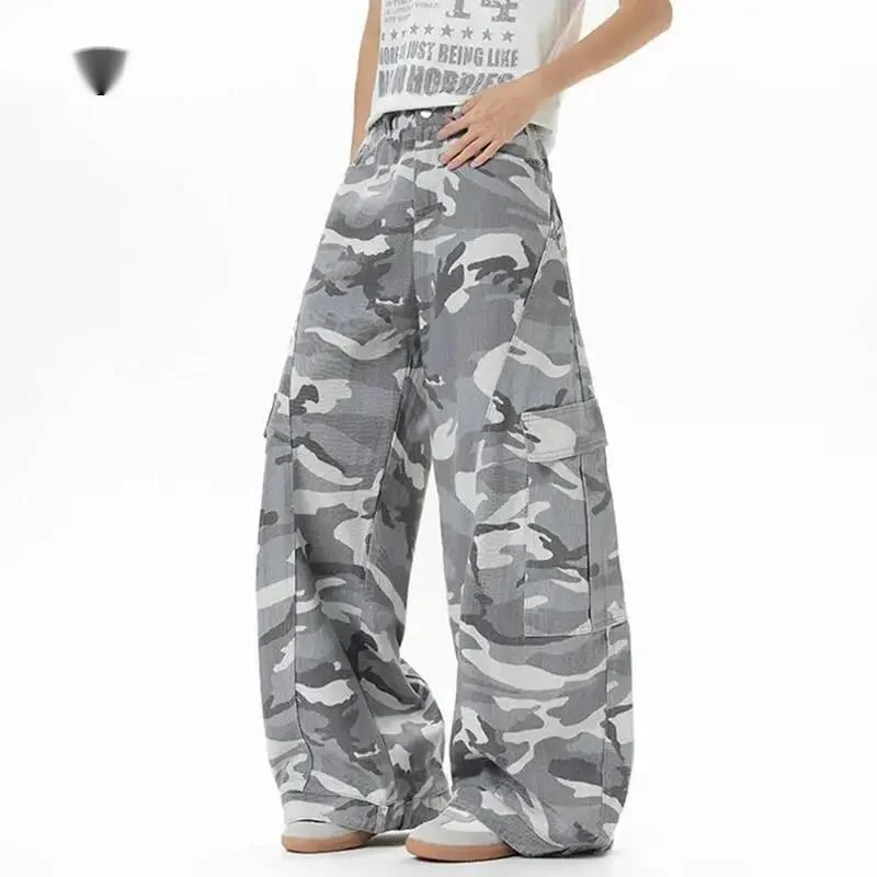 

American Style Baggy Jeans Men New Stylish High Street Printing Camouflage Wide Leg Male Curved Knife Denim Pants 9WTAKL