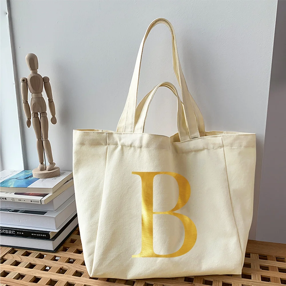 Reusable Shopping Bag New Gold Letter Printed Women Trend Canvas Tote Bags Shopper Eco Bag Harajuku Korean Version Shoulder Bags