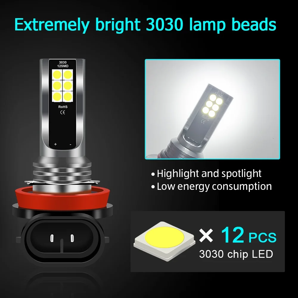 2Pcs H8 H3 H7 H11 Car 12 LED Fog Light Bulb 9005 HB3 9006 HB4 6000K White Yellow Ice Blue Auto Fog Lamp