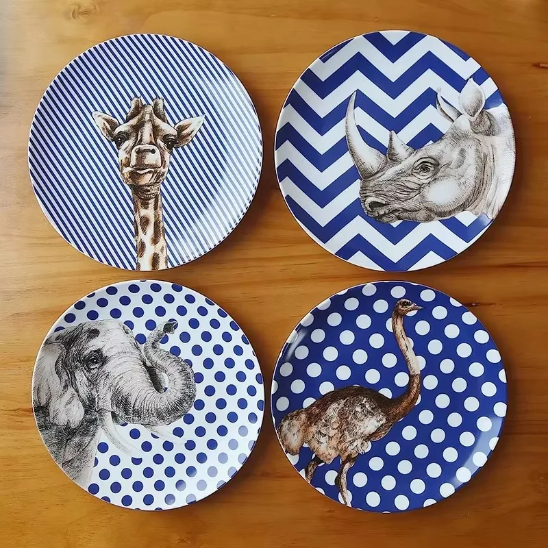 Juego de vajilla cerámica animales creativos, jirafa, avestruz, elefante, rinoceronte, plato de porcelana, plato pastel 4 piezas