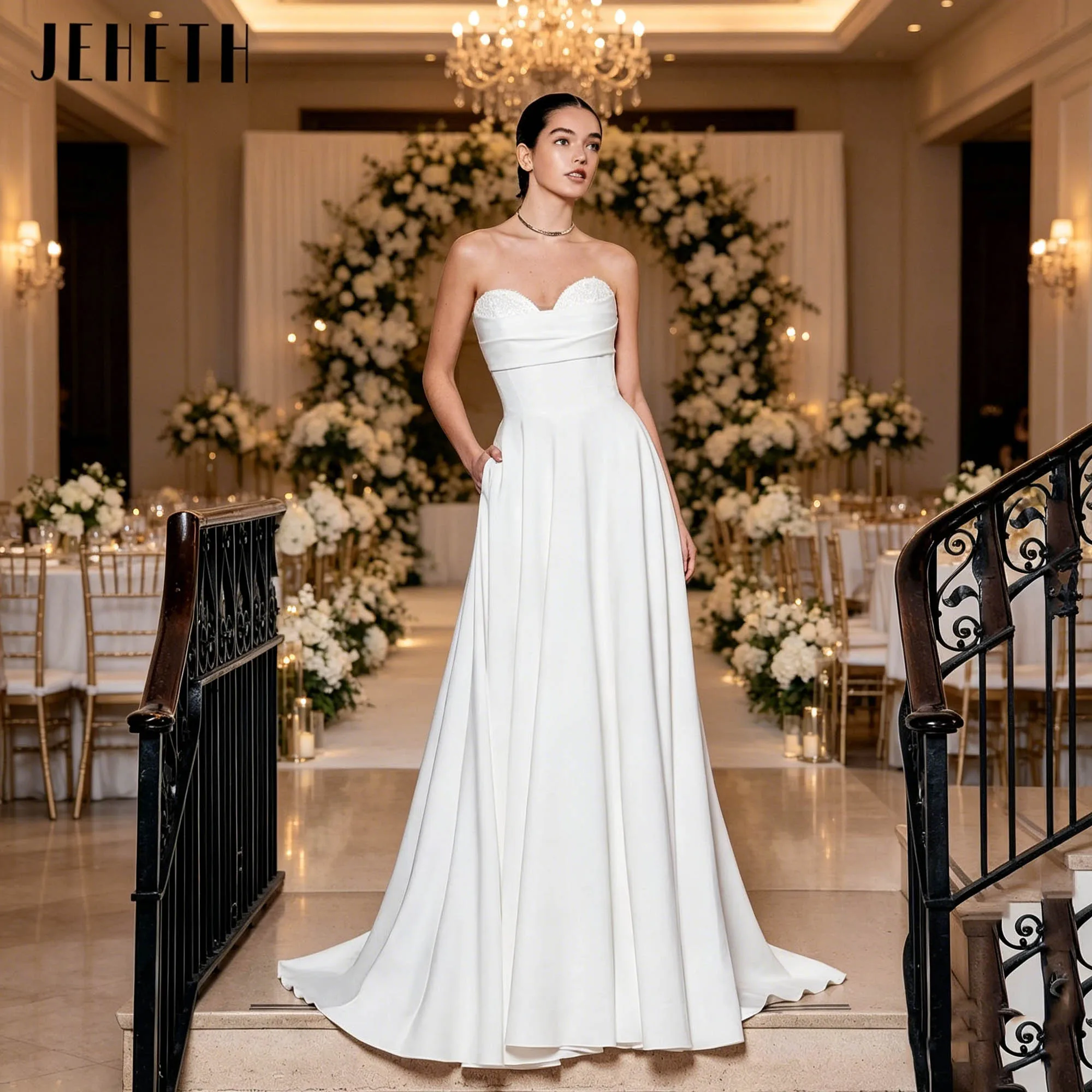 

JEHETH Classic Sweetheart Satin Wedding Dress A-line Lace Minimalism Bridal Gowns Backless Sleeveless robe de mariée Customized