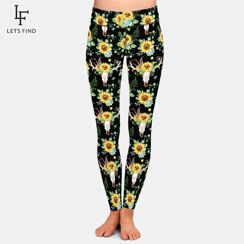 Letsfind 220gsm duplo lado escovado macio leite seda impressão calças femininas de cintura alta girassóis e chifres padrão leggings