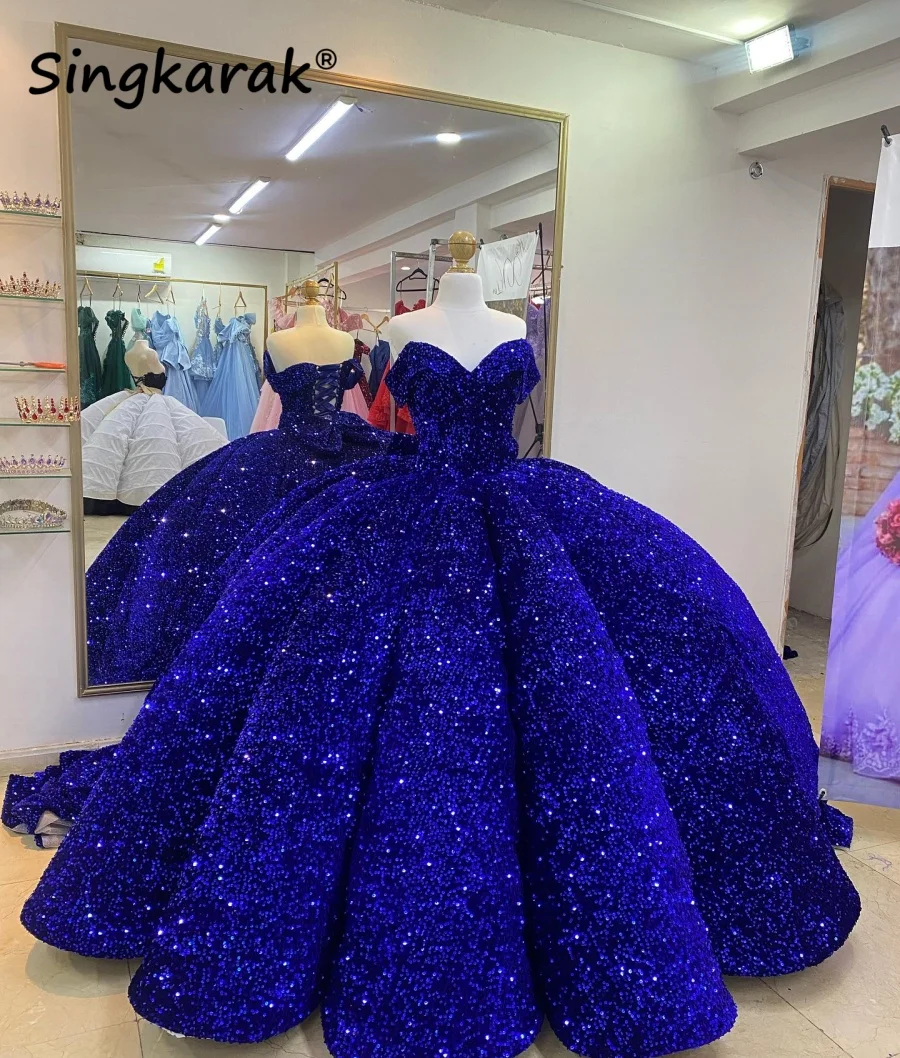 

Glitter Royal Blue Princess Ball Gown Quinceañera Dresses 2024 Sparkly Sequins Birthday Party For 15th Girls Lace-up Customized