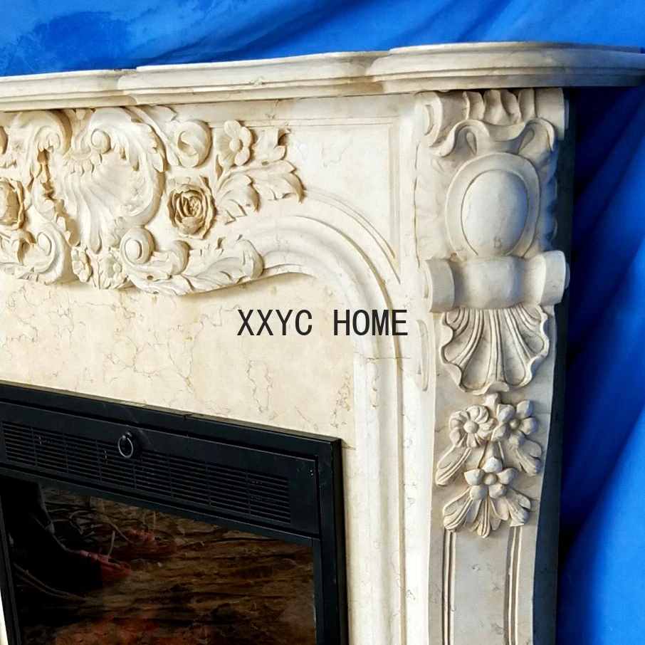 Decorative Fireplace set European style custom made Carved Natural Stone Mantel Electric Fireplace Insert LED Optical Flame