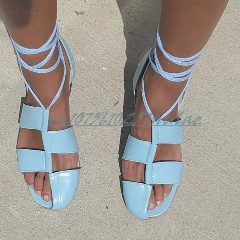

Sky Blue Matte Leather Hollow Sandals Holiday Style Strappy Flat with Sexy Party 2025 Summer Women Shoes Zapatos Para Mujere