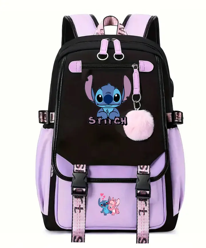 Lovely Stitch Backpacks USB Patchwork Lightweight Laptop Teens School Bags Women Girls Capacity Cartoon Travel Mochilas