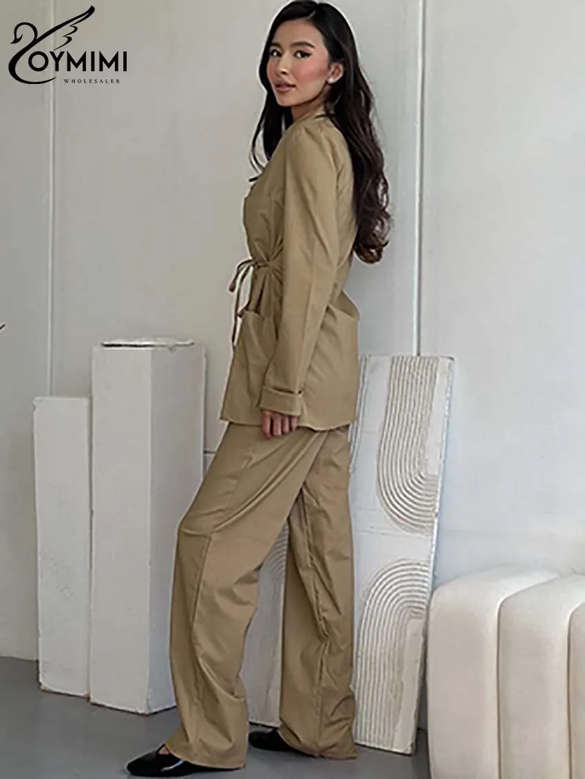 Oymimi Casual Khaki Cotton Women 2 Piece Set Outfit Fashion Long Sleeve Pockets Lace-Up Shirts And Simple Straight Trousers Sets