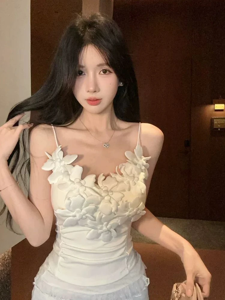 Women's Floral Strap Vest Outerwear Autumn New Style with Chest Pad Holiday Sexy Fishbone Sexy Tube Top Trendy Short Sleeve