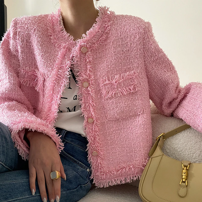 20% Wool Women Jacket Coat O-Neck Long Sleeve Pink Tops Single Button Fashion Coat Tops For Women New In Autumn Outerwears