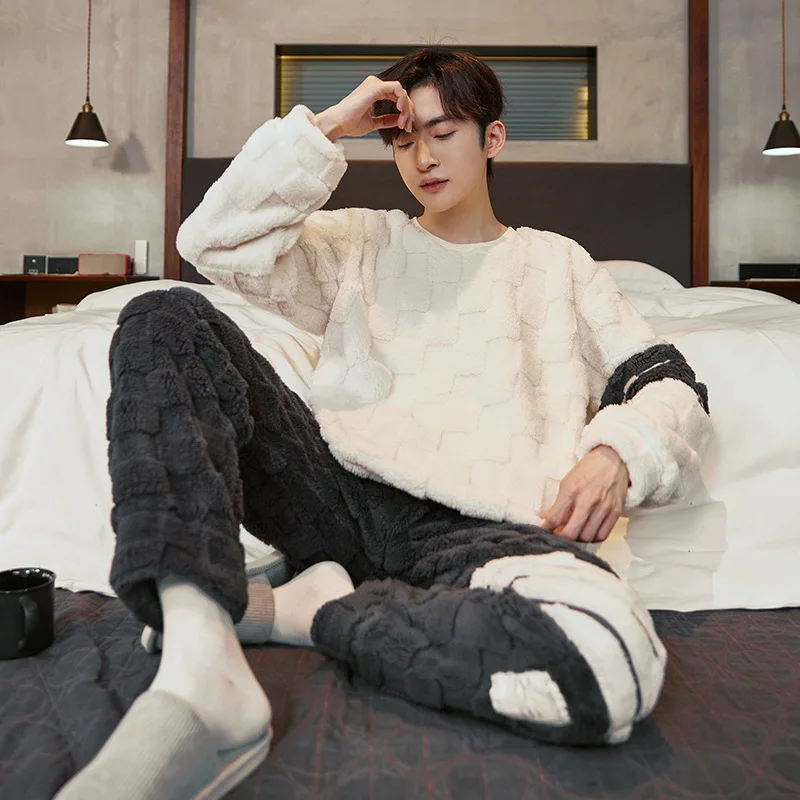 

Sleepwear Winter Men's Pajamas Flannel Pajamas Thickened Fleece Coral Fleece Long-sleeved Men's Teen High- Loungewear Suit