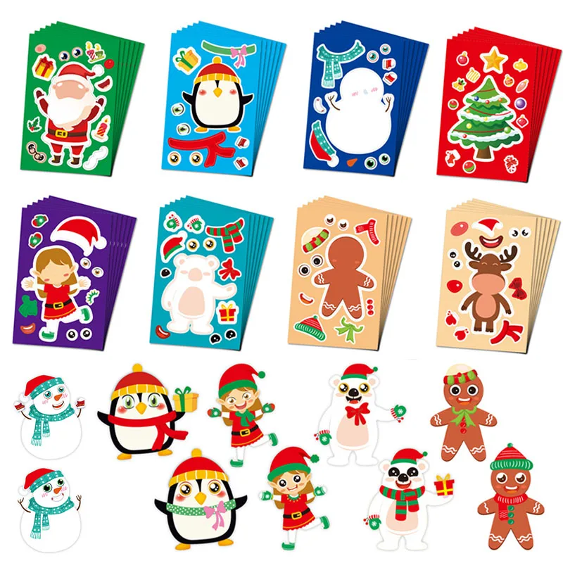 8/16/24Sheet Make a Face Sticker Christmas Gift for Kids Creative DIY Make Your Own Santa Claus Snowman Puzzle Sticker Decor Toy