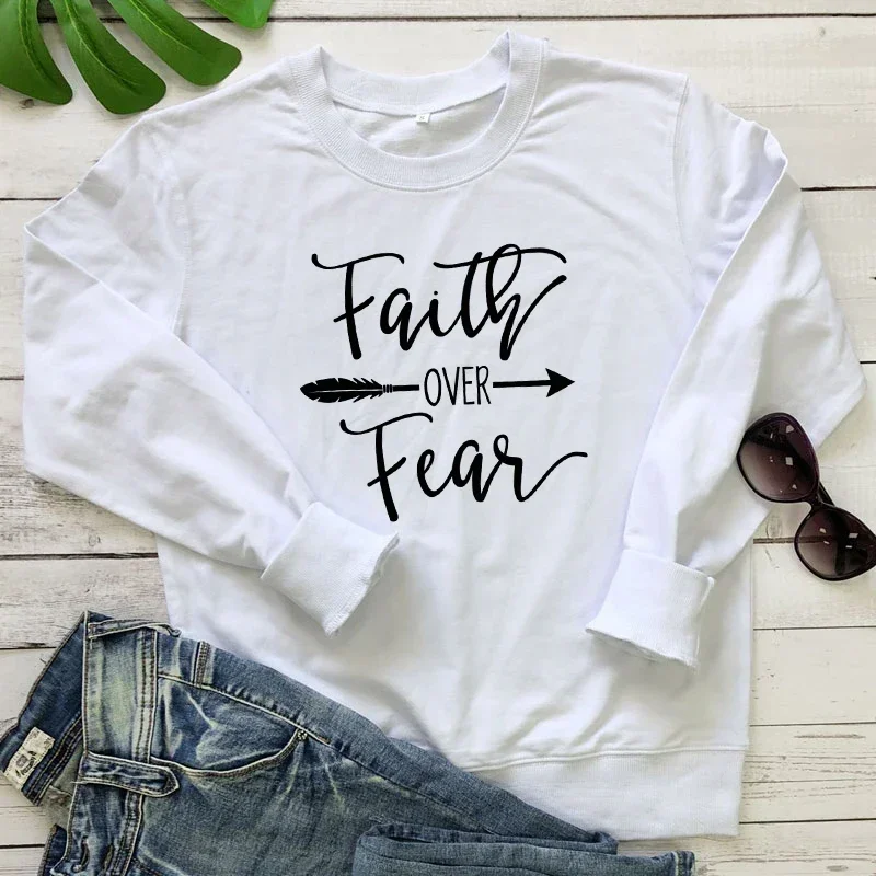 Women\'s Faith Over Fear Arrow Print Christian Sweatshirt Spring Autumn Religious Church Pullovers Casual Inspirational Hoodies