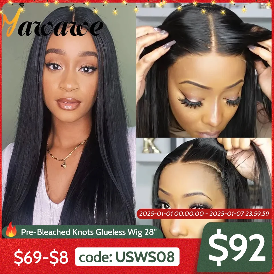 YAWAWE Hair Glueless Preplucked Human Hair Wigs Straight Wear Go Pre-bleached Ready to go Lace Front Wig Pre-cut Lace Wigs