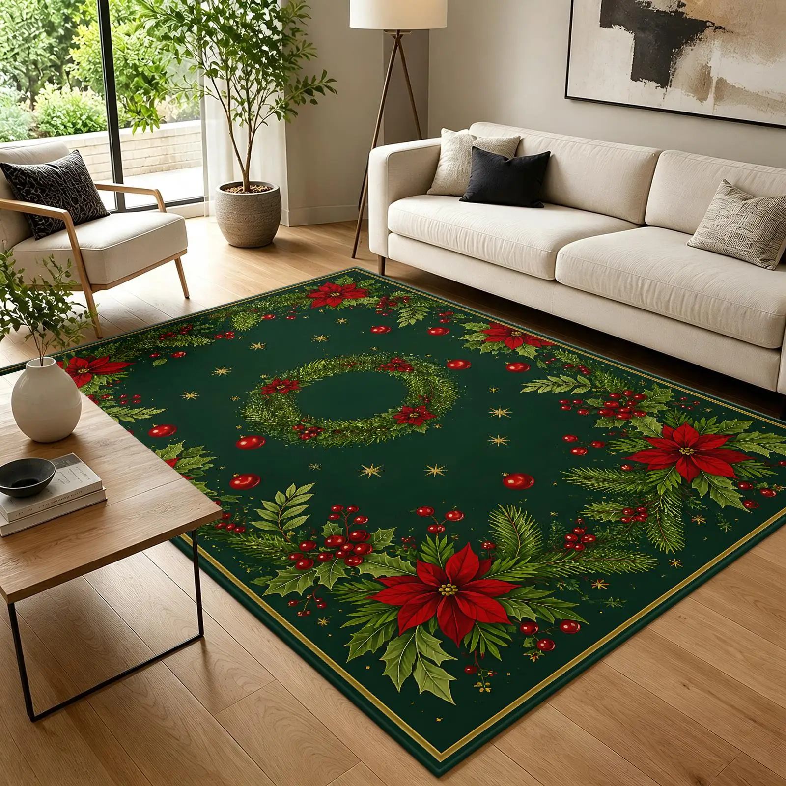 1pc Luxury Christmas Themed Area Rug, Poinsettia Wreath Pattern, Soft Non Slip Washable Indoor Festive Mat, Multiple Sizes