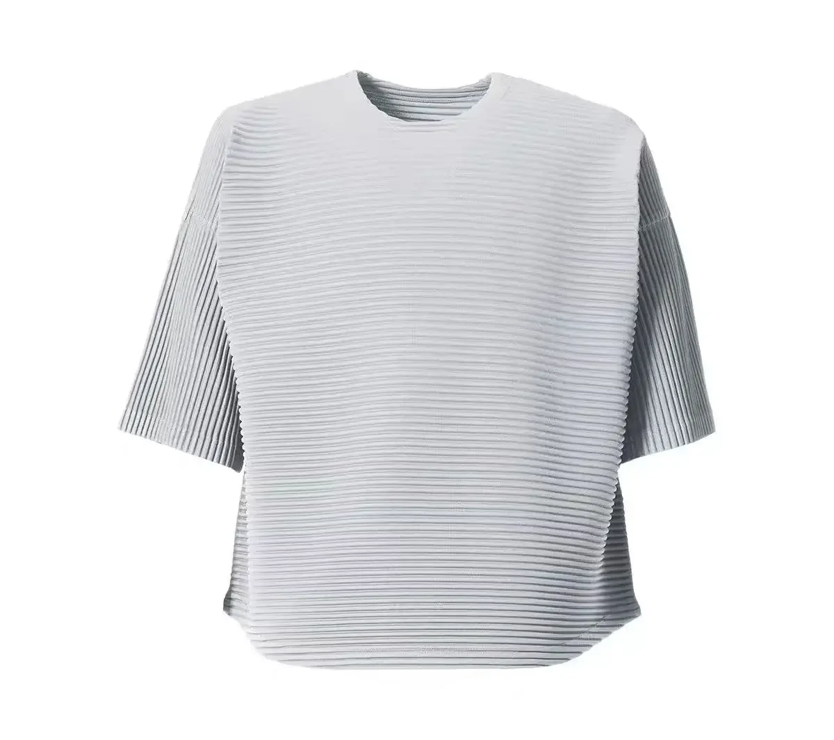 Pleats Pleats Round Neck Short Sleeve Men\'s T-shirt Round Neck Tops Summer New Horizontal Stripes Loose Casual Japanese Clothing