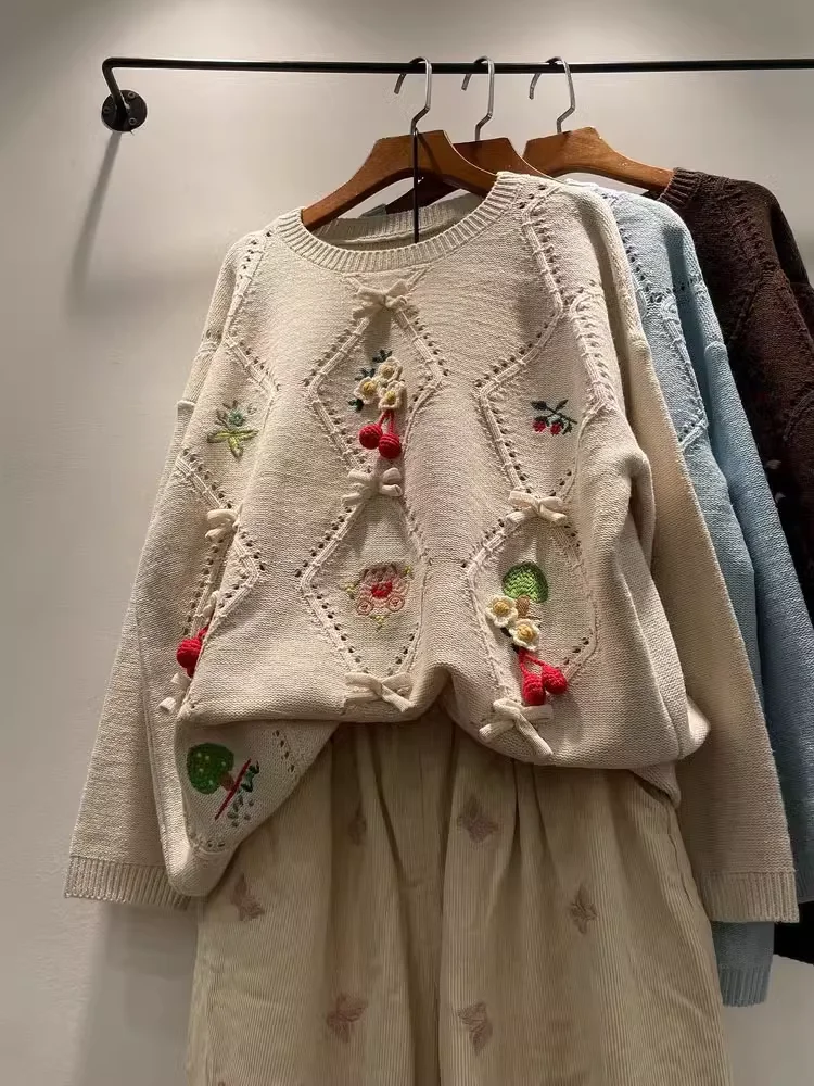 Sweter damski mori girl dzianina odzież zimowa kobiety styl japoński kawaii ręcznie robiony sweter w kwiaty sweter świąteczny