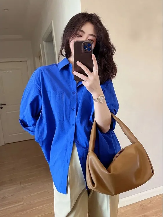 

Dopne Blue irt Women's Spring Autumn New Sle High-End Versatile Layering Klein Blue Top Loose Fit Long Sve Button down