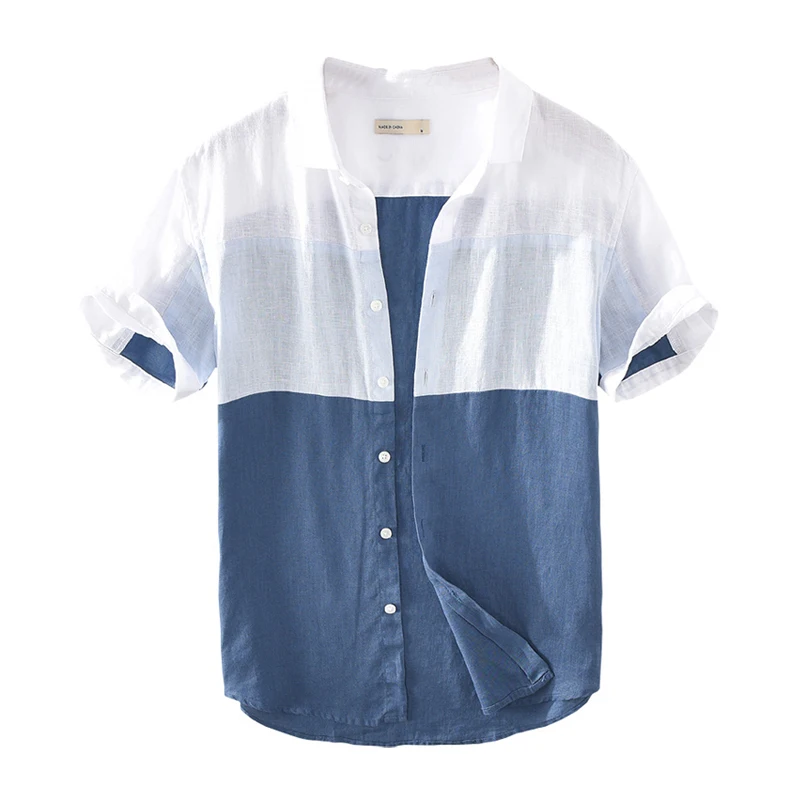 Pure Linen Short Sleeve Shirts for Men Summer New Japanese Fashion Striped Patchwork Tops Male Casual Button Up Designer Shirts