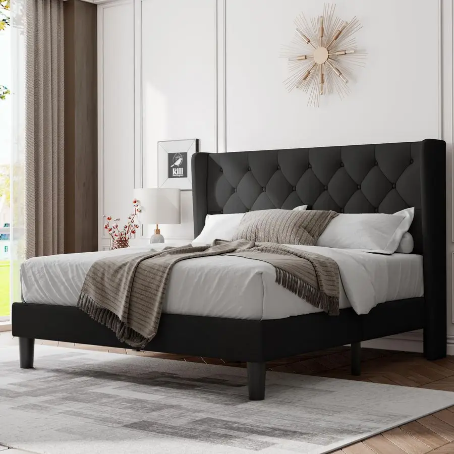 

Full Size Bed Frame with Upholstered Wingback Headboard,Button Tufted Platform Bed and Heavy Duty Wooden Slats Support,Easy Asse