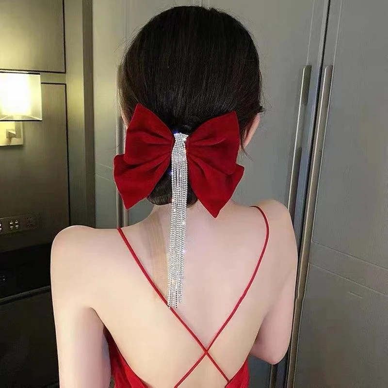 WLP Women Elegant Bow-knot Red Black Velvet Hairpin Luxury Rhinestone Tassel Korean Fashion Wedding Head Wear Hair Accessories