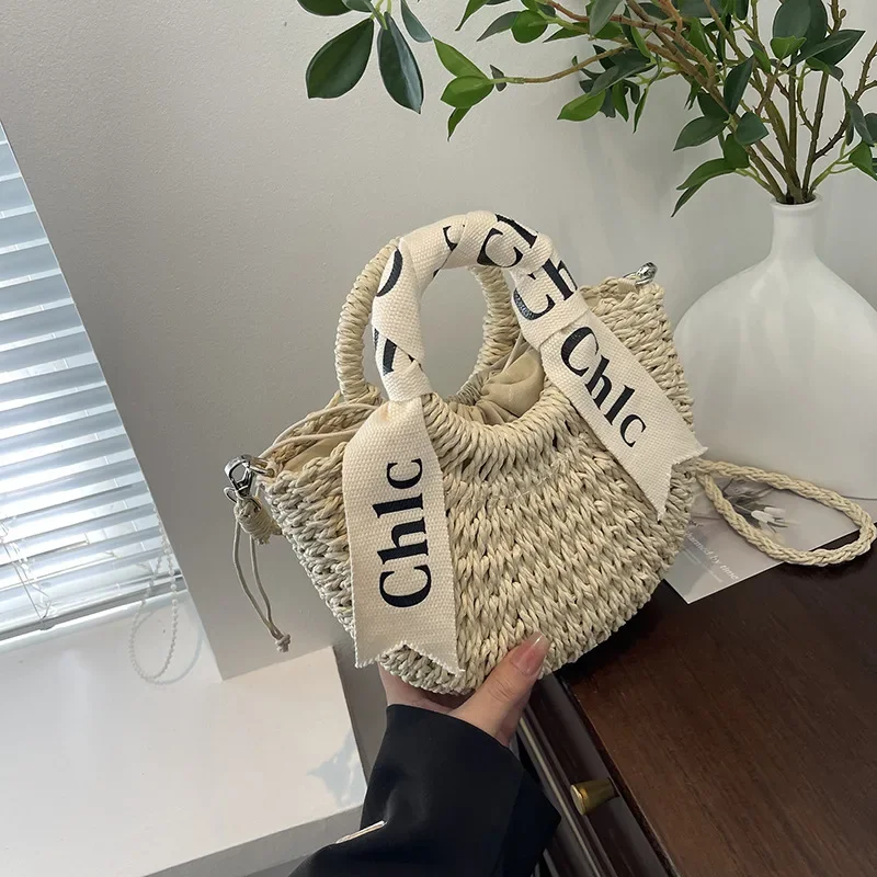 

2025 New Design Letter Silk Scarf, Portable Straw Woven Bag, Papyrus Woven Bag Handbag, Moon Bag