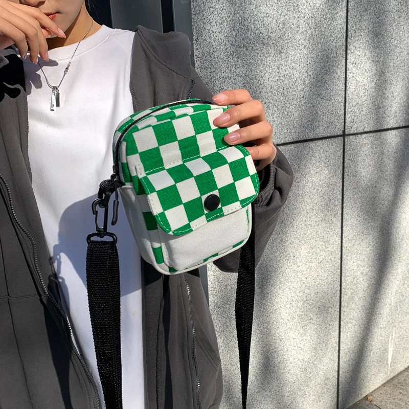 Men Sports Messenger Bag Adjustable Strap Daily Commute Travel Essential Mini Checkered Square Design With Front Fashion Pocket