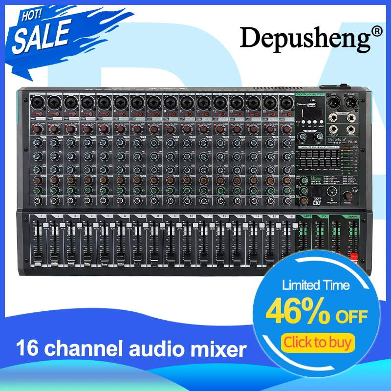 

Mixing Console Depusheng PA16 Professional DJ Audio Mixer Sound Board Desk System Interface 16 Channel Digital 99 Reverb Effect