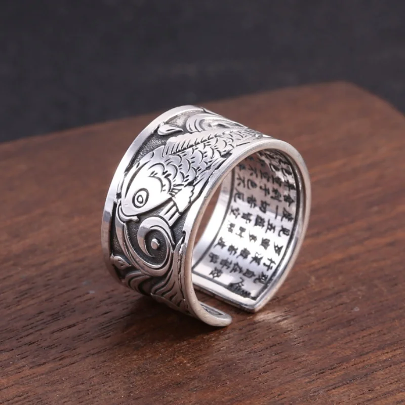 BOCAI Trendy S999 Sterling Silver Rings for Men Women Retro Emboss Heart Sutra Wealth Carp New Fashion Punk Jewelry Wholesale