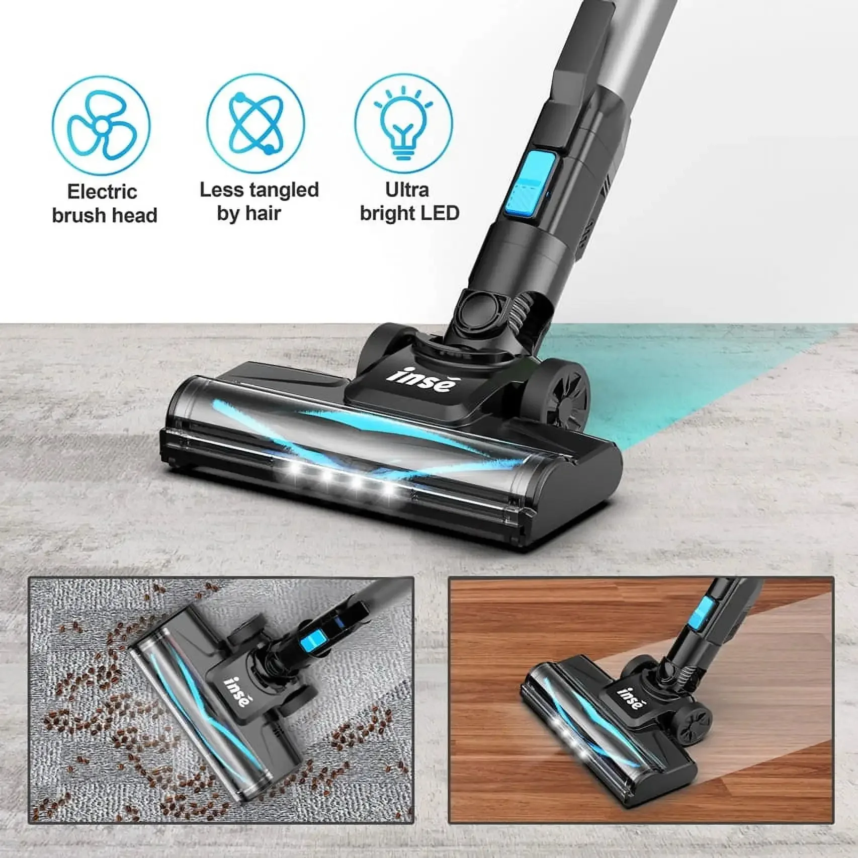 INSE N520 Cordless Vacuum Cleaner Lightweight 6-in-1 Rechargeable Stick Vacuum 28kPa with 45min Runtime for Home Pet Hair Floor