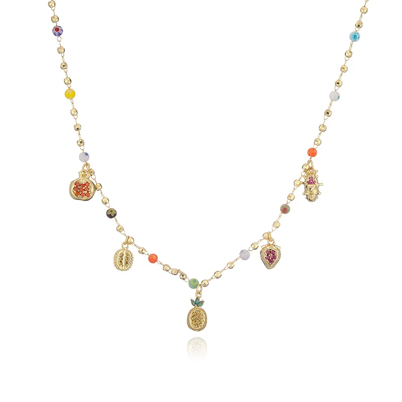 HECHENG Cute Sweet Colorful 18K Golden Plated Zircon Enamel Drip Oil Fruit Pendant Women\'s Fashion Jewelry Bead Necklace 1 Piece