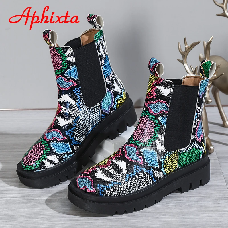 Aphixta stivali corti da donna a doppio strato stampe di serpente stivaletti con fascia elastica scarpe Casual Punk stivali da moto Plus Size 43