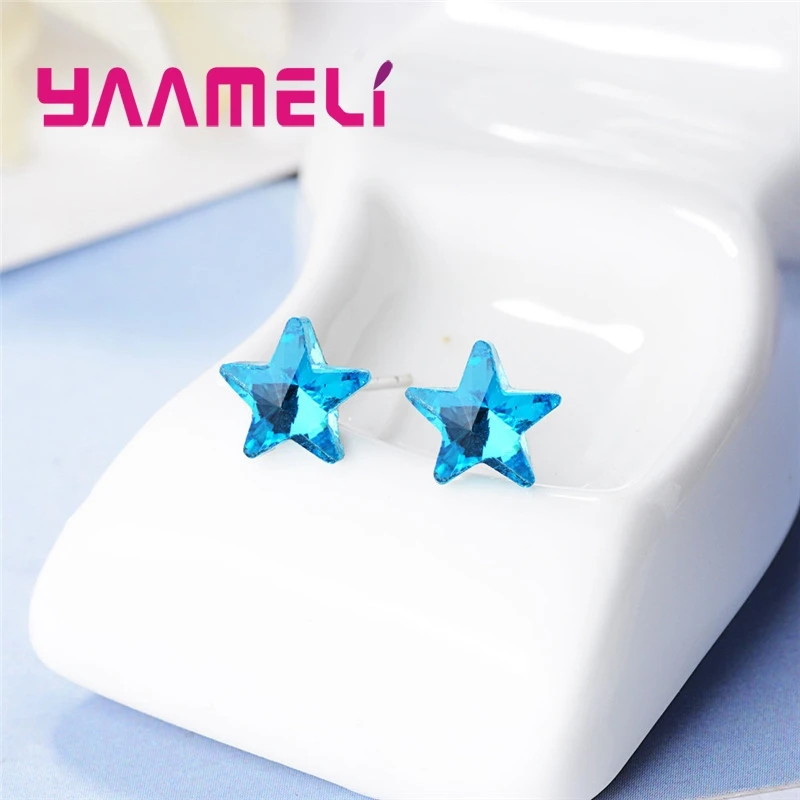 Simple Design Blue Star Shape Stud Earrings For Women Females 925 Sterling Silver Needles Fashion Casual Party Wedding Present