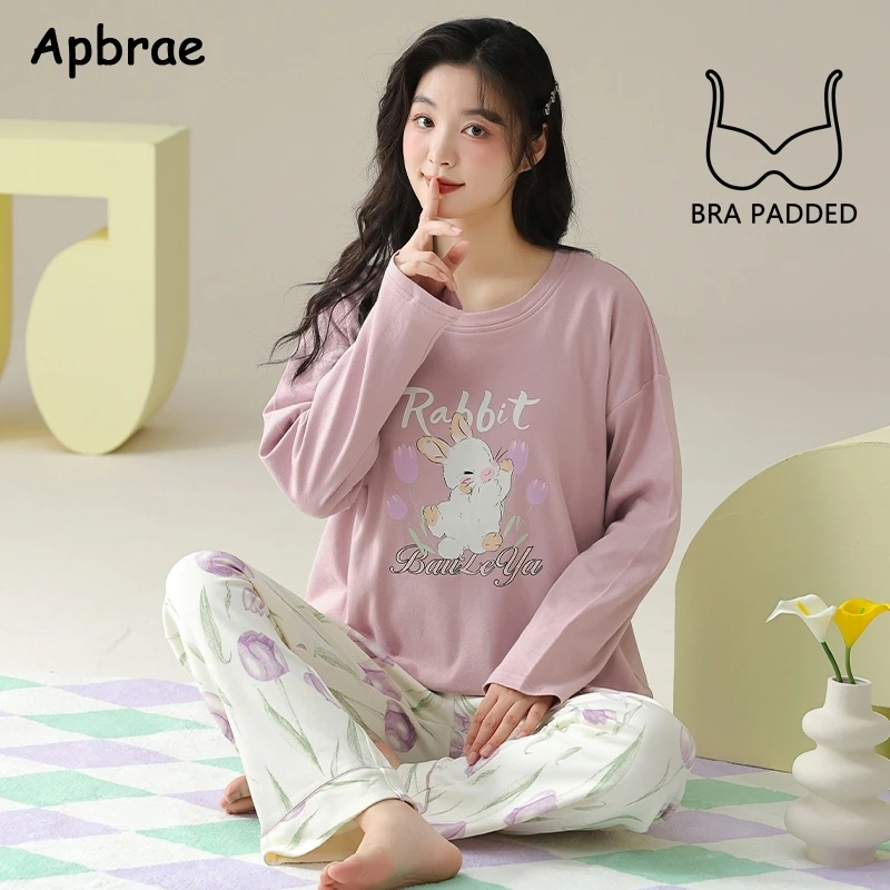 New Autumn Winter Women Pajama with Bra Pads Long Sleeves Cute Rabbit Print Homewear Round Collar Pijamas Cotton Nightwear