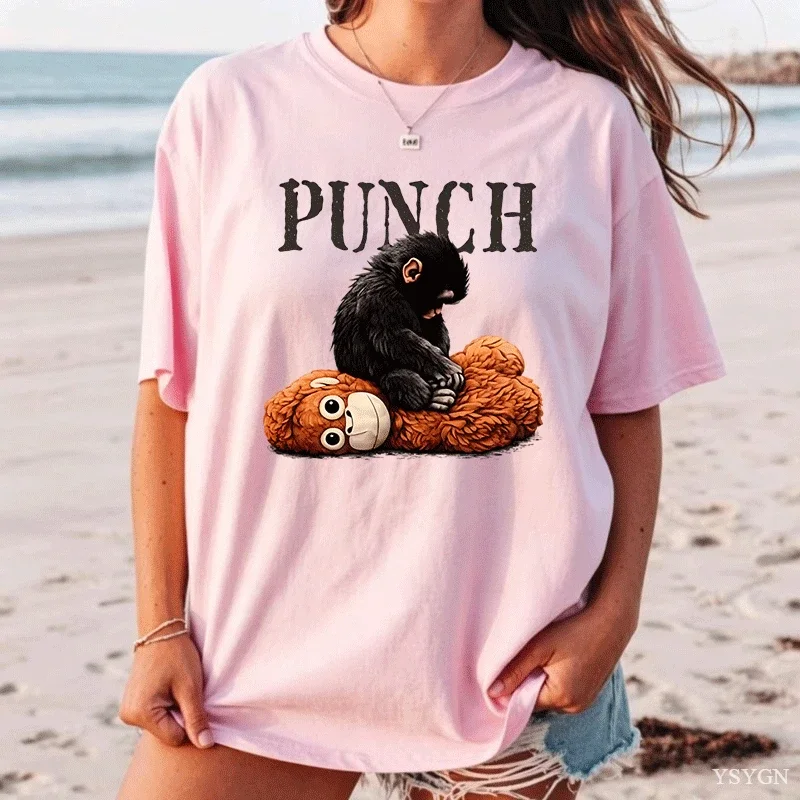 Women T Shirt Vintage Punch Monkey Plush Doll Funny Meme Graphic Print Short Sleeve Tee Casual Loose Summer Ladies Tops Clothing