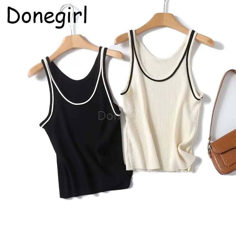 Donegirl 2024 Summer New Fashion Women Sleeveless Round Neck Knitted Sling Vest Casual Slim Versatile Tops Tank Female Chic