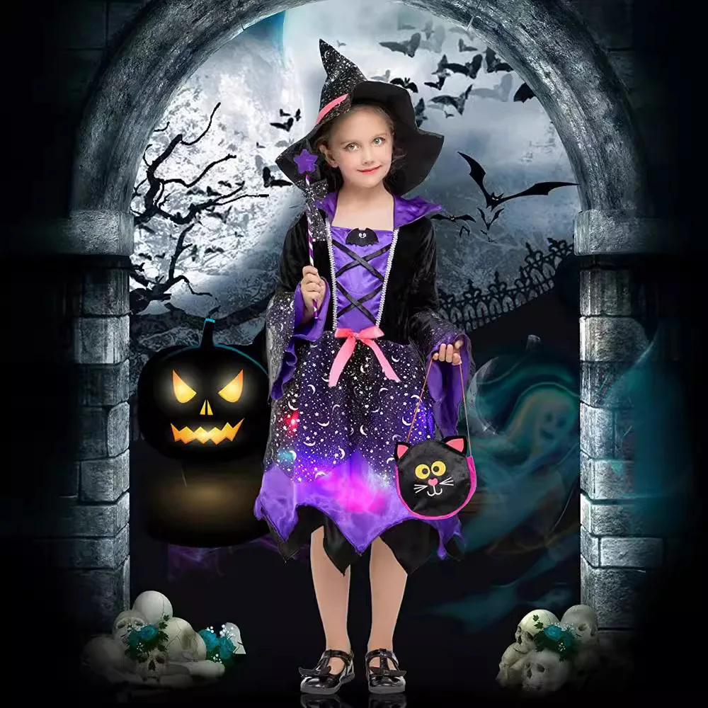 

Halloween Witch Girl Princess Cosplay Horro Witches Purple Dress Carnival Party Disguise Children Costume Dresses