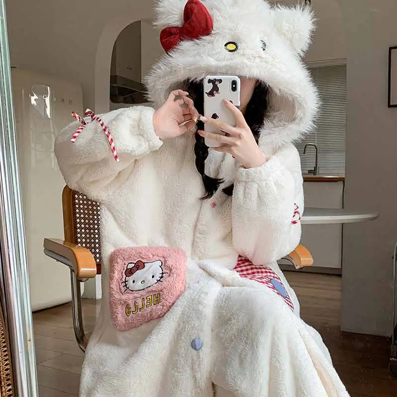 Camisón grueso y cálido con capucha de lana Coral de dibujos animados de Hello Kitty, ropa de moda para el hogar, pijamas para dormitorio de estudiantes, conjunto de regalos prácticos