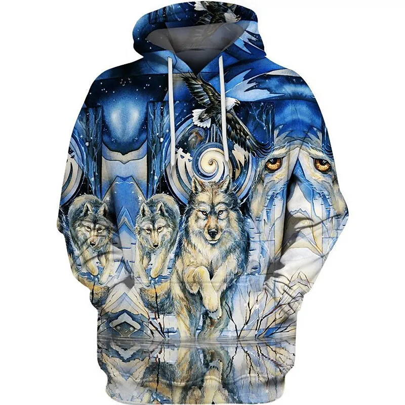 Black and White Wolf Print 3D Men's Hoodies Fashion Animal Pattern Women's Sweatshirts Leisure Essentials Pullover Jackets Coat