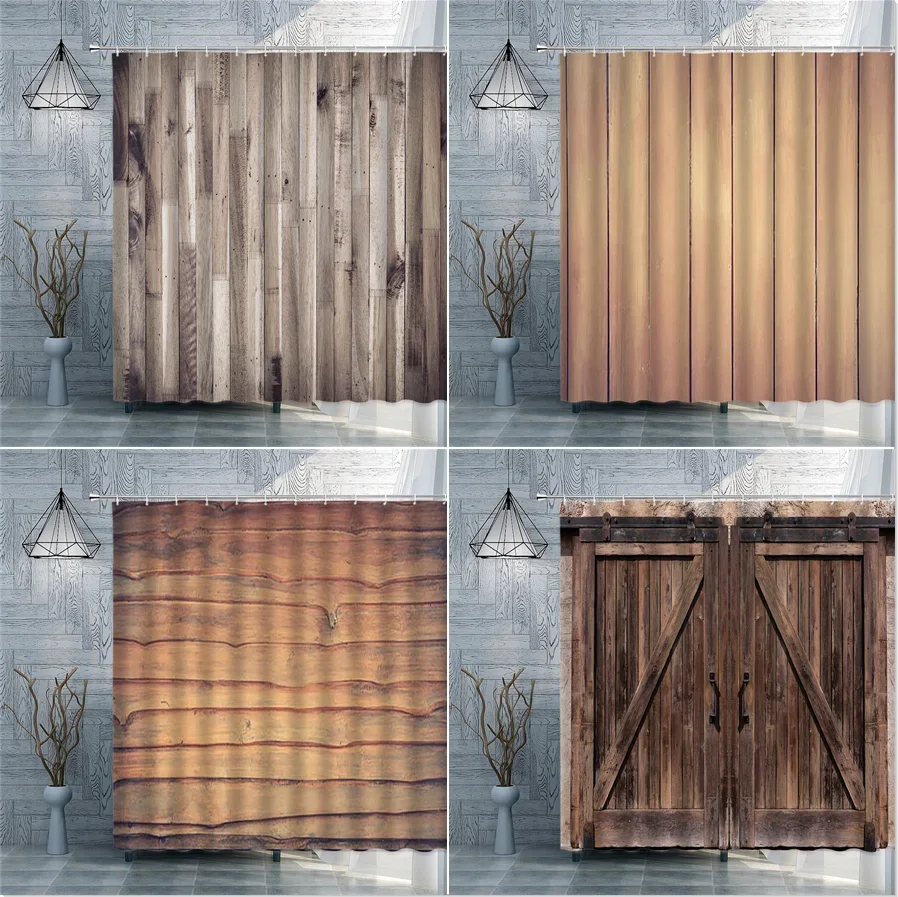 Wood Grain Shower Bedroom Curtains Bamboo Old Door Home Bathroom Toilets Polyester Decor Waterproof Screens With Hooks Washable
