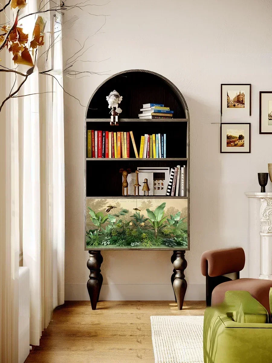 رف كتب من الخشب الصلب للغابات المطيرة الاستوائية على الطراز الفرنسي، وغرفة معيشة منزلية على الحائط #5