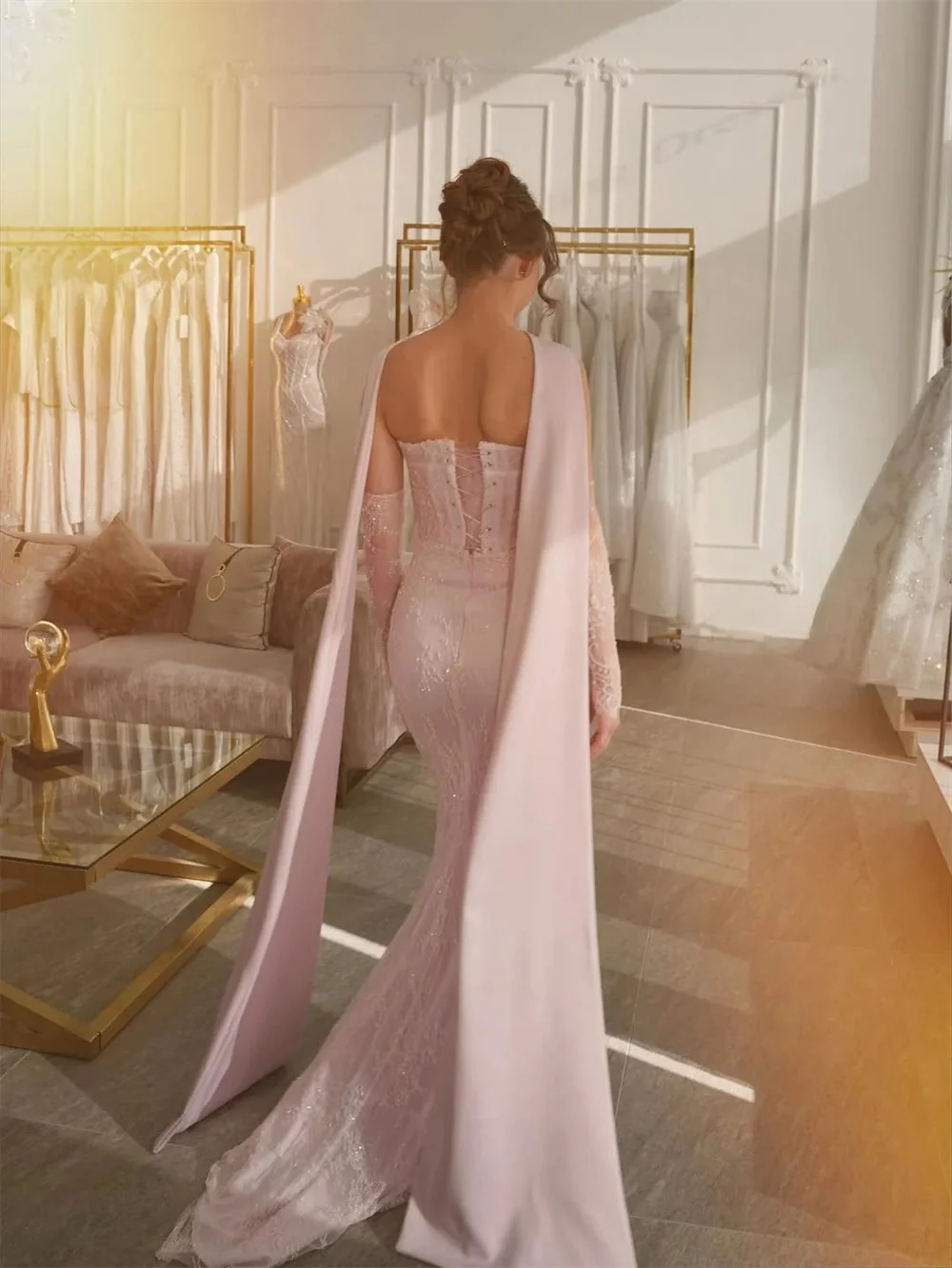 Cathy Customize Exquisite Pink Lace Mermaid Prom Dress With Scarf Brush Train vestidos de noiva Corset Detachable Train Formal