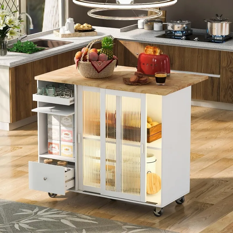 Kitchen Island with Drop Leaf, Kitchen Cart on Wheels with 2 Fluted Glass Doors