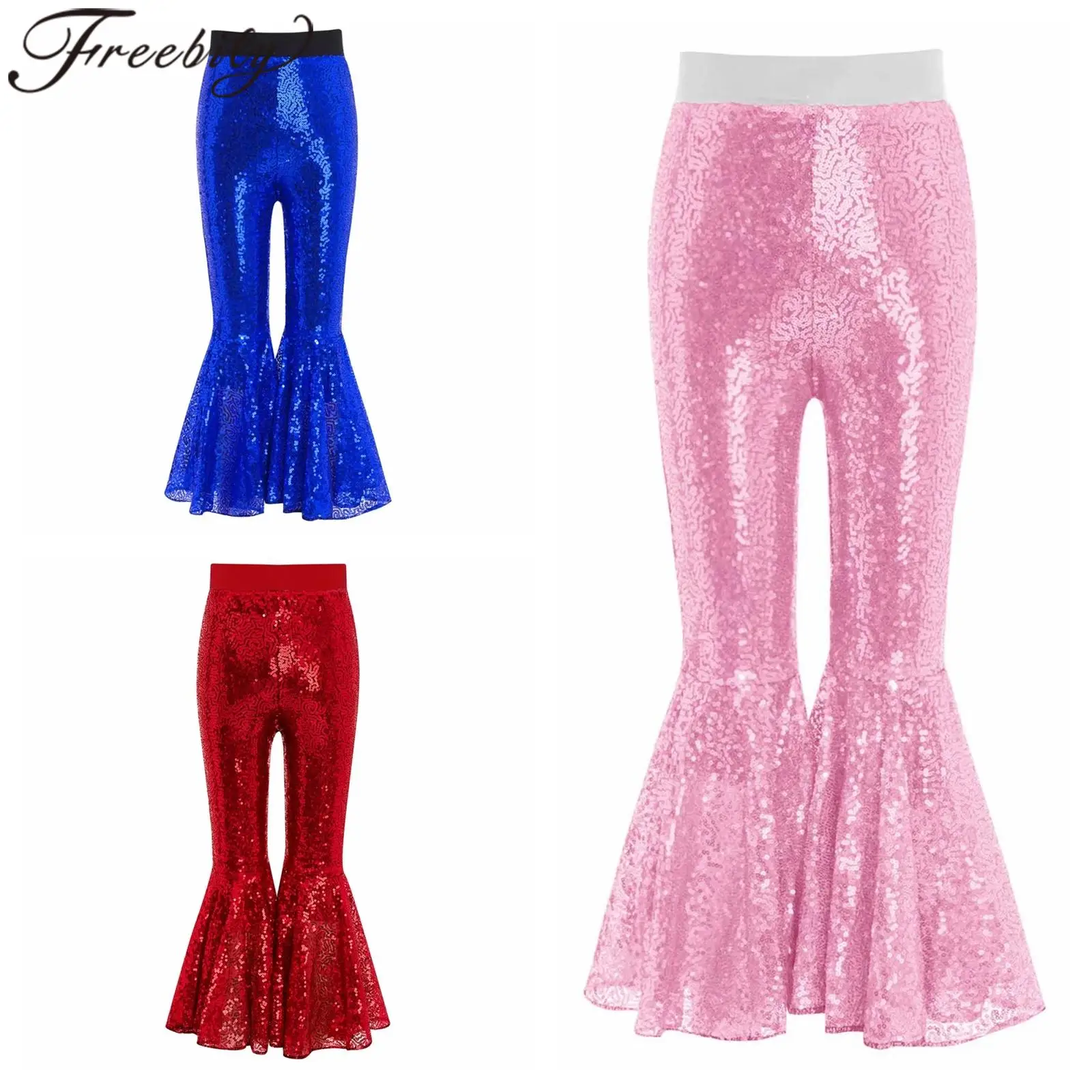 

Girls Sequins Flared Pants Jazz Dance Costume Kid Glittery Flares Bell-bottom Trousers for Modern Hip Hop Performance Streetwear
